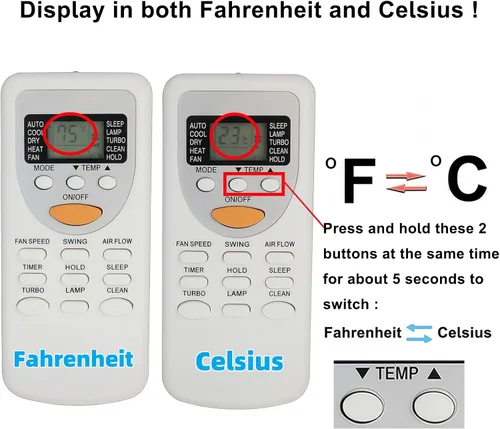 Miniatura 2 de Control remoto de repuesto para aire acondicionado Amcoraire Duo Número de modelo: ZHF/JT-01 (pantalla tanto en Fahrenheit como Celsius)