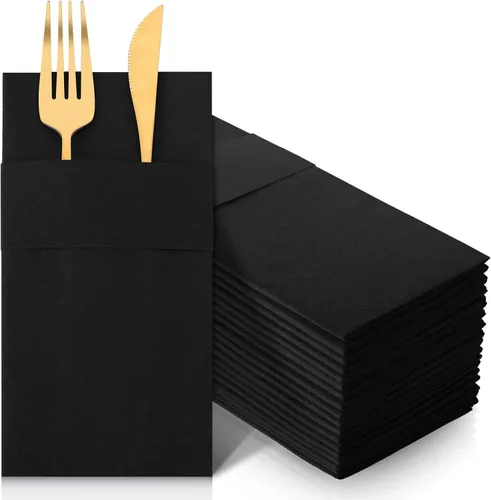 Cindeer 150 Pz Servilletas de Lino Negras para Cena con Sensación de Lino, Bolsillo Plano Incorporado, Preplegadas, Toalla de Mano Desechable de