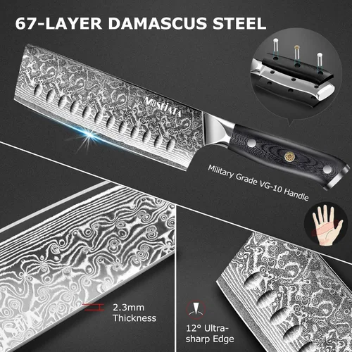 Miniatura 2 de MOSFiATA 7'Nakiri Cuchillo Damasco Profesional Sharpe Chef Cuchillo Cuchillo Cuchillo de Cocina Cuchillo Cuchillo de Acero Damasco VG-10 Hoja