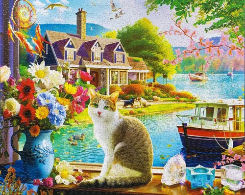 Miniatura 7 de Springbok Crisp Morning - Rompecabezas de 1000 piezas para adultos y familias, cuenta con un gato disfrutando de una vista junto al lago