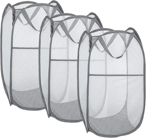 Larpur Paquete de 3 cestas plegables para la ropa sucia, cestas plegables de malla portátiles para la habitación del hogar, dormitorio 3 x gris