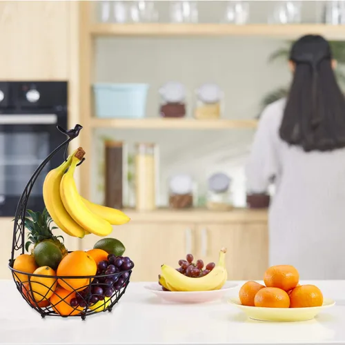 Miniatura 6 de Buruis Cesta de frutas con colgador de plátanos, contenedor de frutas con diseño moderno de pájaros, cesta de mesa creativa para encimera de cocina