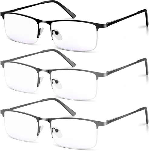Miniatura 8 de Paquete de 3 lentes de lectura con bloqueo de luz azul para hombres, elegantes lectores de computadora de metal de medio marco, anteojos ligeros