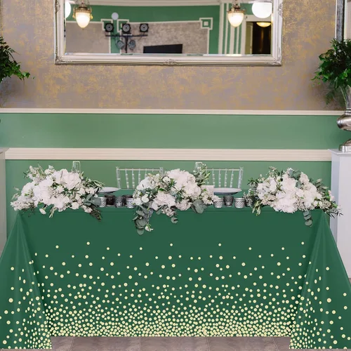 Miniatura 6 de Tegeme Paquete de 4 manteles de plástico verde y dorado para fiestas, manteles desechables de graduación, Ramadán Mubarak, decoración con lunares