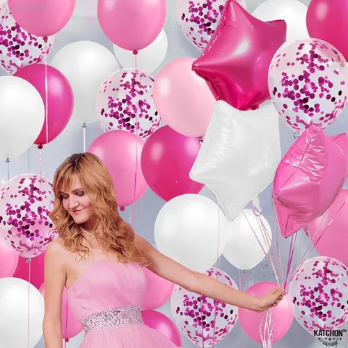 Miniatura 7 de KatchOn, Kit de arco de globos rosas metálicos, 12 pulgadas, paquete de 60, globos de confeti para decoraciones de fiesta rosa, globo de confeti