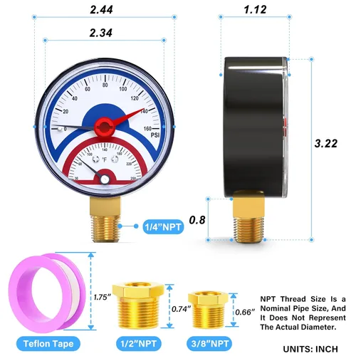 Miniatura 2 de MEANLIN MEASURE Medidor de presión térmico de 0-160 psi, esfera de cara NPT de 0-250 ℉ de 1/4 de pulgada, medidor de presión de temperatura