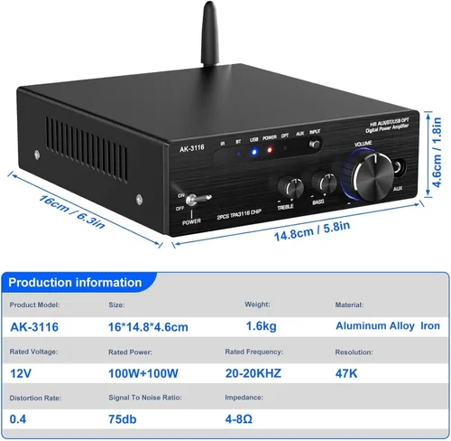 Miniatura 7 de AK-3116 Amplificador de audio estéreo de alta fidelidad, 2.0 canales 100 W x 2 mini amplificador Bluetooth clase D amplificador digital con chip