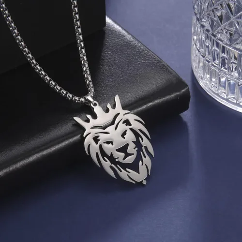 Miniatura 4 de UNIFT Collar de león para hombre, de acero inoxidable, estilo hueco, cabeza de león, dije de moda, dije de cabeza de león, caja de cadena, joyería