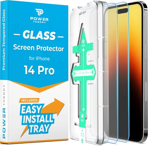 Power Theory [Paquete de 2 protectores de pantalla para iPhone 14 Pro Premium inastillable de vidrio templado [dureza 9H], marco fácil de instalar,