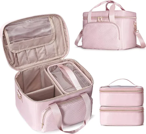 Miniatura 8 de Bolsa de maquillaje de viaje con 2 bolsas y divisores ajustables, estuche organizador de maquillaje grande para mujeres, se adapta a botellas Negro