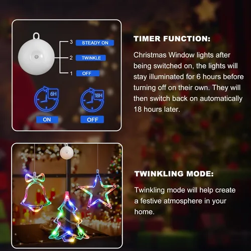 Miniatura 2 de LYUBASA Paquete de 3 luces de Navidad para ventana con temporizador, alimentadas por baterías, lechón LED multicolor para árbol de Navidad