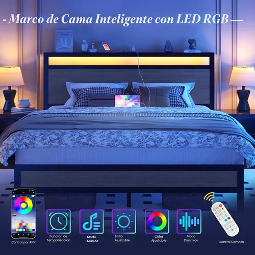 Miniatura 4 de Fluest Base de cama tamaño queen con cabecera y estribo, estación de carga integrada y luz LED, estante de almacenamiento, sin ruido, no necesita