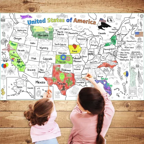 Miniatura 4 de PartyGarden US Map - Póster para colorear para niños, 54 x 33 pulgadas, diseño de mapa gigante de Estados Unidos para colorear, mantel grande