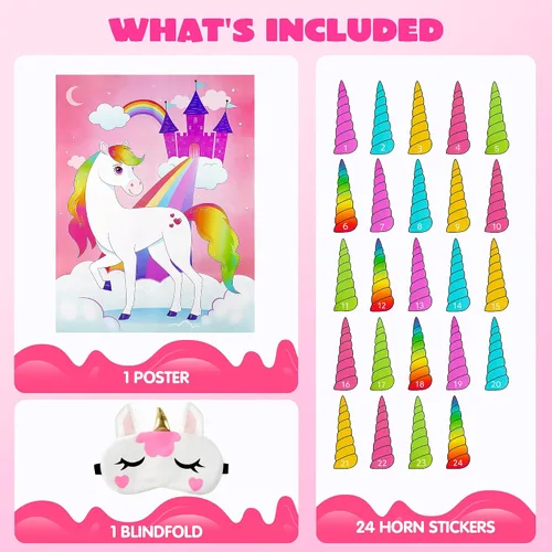 Miniatura 2 de JOYIN Pin The Unicorn Horn - Juego de 24 piezas de 21 x 28 pulgadas con temática de unicornio, suministros de fiesta, decoraciones de fiesta