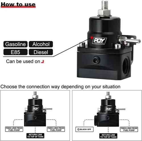Miniatura 3 de Kit regulador de presión de combustible ajustable PQY 3-70 PSI con puerto de alimentación AN8 y puerto de retorno AN6 (negro)