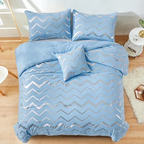 Miniatura 3 de Menghomeus Juego de edredón King con estampado metálico azul/plateado con purpurina, ropa de cama bonita y brillante para adolescentes, niñas, niños