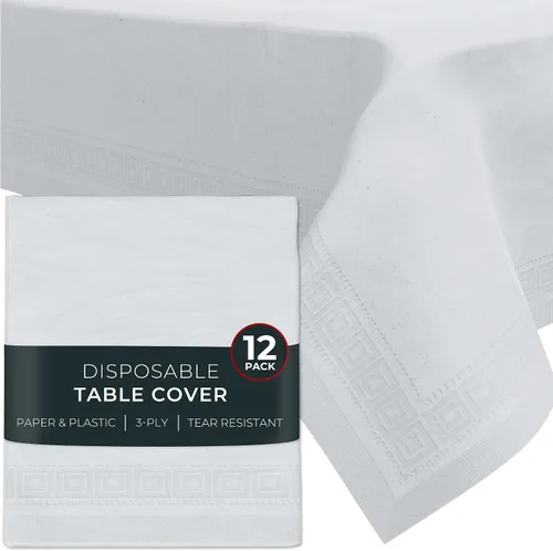 HOUZZKINGZ USA Manteles de papel para mesas rectangulares | 54" X 108" – Paquete de 12 | Mantel desechable de papel blanco | Manteles de mesa de