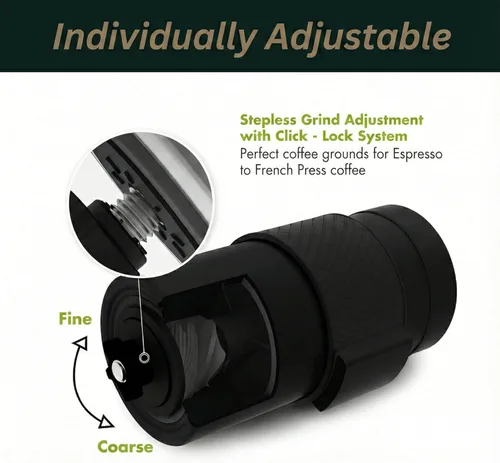 Miniatura 3 de Molino de café manual con rebabas cónicas de cerámica, molino de café de mano compatible con AeroPress con ajuste continuo de bloqueo de clic
