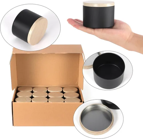 Miniatura 8 de SONVIIBOX 24 latas de velas de 4 onzas, latas negras con tapas de metal de grano de madera, tarros de velas para hacer velas a granel, tarros