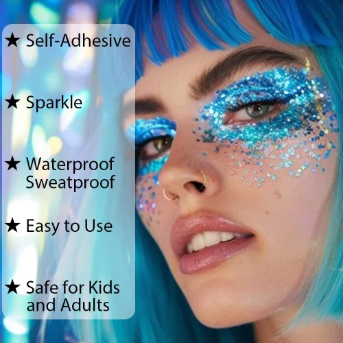 Miniatura 3 de Mysense Gel de purpurina corporal azul real, maquillaje con purpurina para el cabello de la cara para conciertos, accesorios para festivales