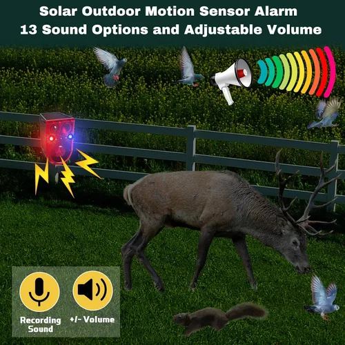 Miniatura 4 de Qualirey Paquete de 2 alarmas solares con sensor de movimiento para exteriores, ultrasónico, disuasorio, 13 sonidos, 130 dB, generador de ruido
