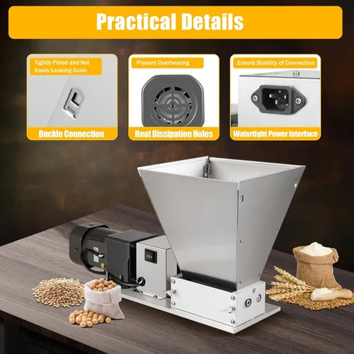 Miniatura 8 de Molino de malta de 60W 110V Molino eléctrico de grano molino, DY368 inoxidable 2 rodillos molino de grano con tolva de 11LB molino de cerveza casera