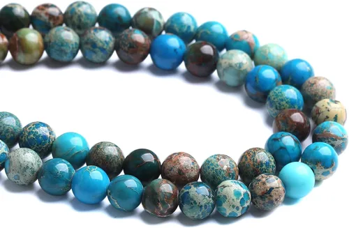 Miniatura 3 de 45 Piezas de 5⁄16 Pulgadas (8 mm) Cuentas de Piedra Natural de Jade de Sedimento Marino Azul con Impresión Espaciadora para Hacer Joyería, Pulseras