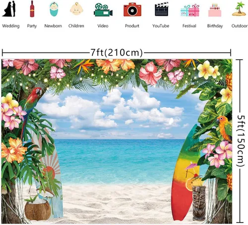 Miniatura 5 de Fondo de playa hawaiana para verano, flores tropicales, fondo de fotografía Luau, tabla de surf, cielo azul, hojas de palma, Aloha, decoraciones