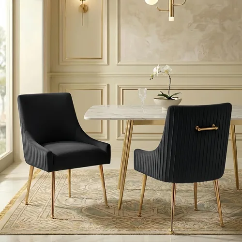 Miniatura 22 de Juego de 2 sillas de comedor, modernas sillas tapizadas para cocina, comedor con patas doradas, sillas de tela de terciopelo copetudo para sala