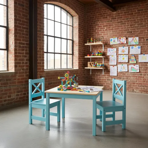 Miniatura 5 de PETIT BATEAU Juego de mesa y 2 sillas de madera maciza para niños, diseño irlandés Montessori Modern AMMEHOELA para niños de 2 a 8 años, azul