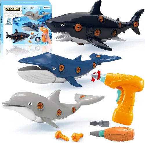 KAEGREEL Juguetes de tiburón desmontables para niños, juguete de peces oceánicos desmontables con destornilladores eléctricos, juguetes de
