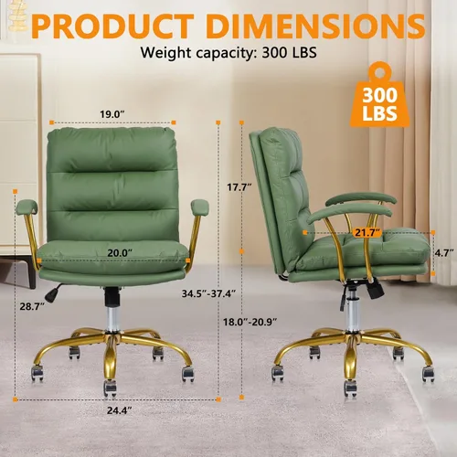 Miniatura 3 de KLASIKA Silla de escritorio de cuero para oficina en casa, silla de tocador con respaldo medio, silla de maquillaje con ruedas doradas y Verde