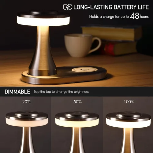 Miniatura 4 de O'Bright - Lámpara de mesa LED portátil con almohadilla de carga inalámbrica, lámpara de noche regulable y recargable, luz ambiental para plateado