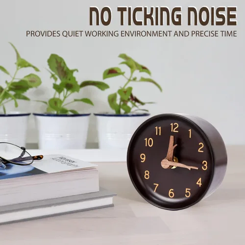 Miniatura 3 de Reloj de escritorio analógico de madera, pequeño, redondo, de cuarzo, funciona con pilas, sin tictac, silencioso, para oficina, sala de estar, 4