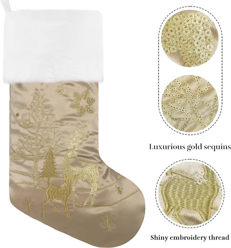 Miniatura 4 de GEX Medias de Navidad Paquete de 6 para Familia 20" Grandes Lentejuelas Doradas de Seda con Suave Piel Sintética Bordada Decoraciones Clásicas