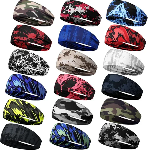 18 Pcs Sports Sweatbands for Men Women Camo Headbands Workout Non Slip Headbands Breathable Head Band Fitness Stretchy Unisex Hairband for Yoga