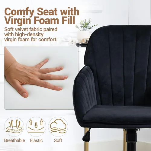 Miniatura 4 de Silla de Oficina para Hogar, Silla Moderna de Maquillaje de Terciopelo con Base Dorada y Ruedas, Silla de Escritorio Giratoria con Altura Ajustable