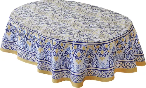 Miniatura 11 de Home Bargains Plus - Mantel rectangular de tela de 60 x 84 pulgadas, con borde floral amarillo y azul, mantel resistente a las manchas y al agua