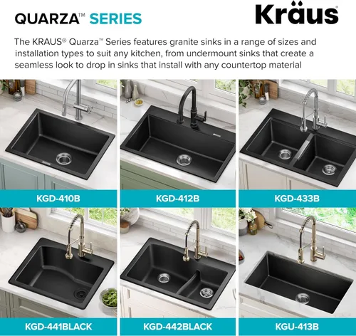 Miniatura 14 de KRAUS Quarza - Fregadero de cocina de granito de instalación empotrada/sobre encimera de un solo seno, 25 pulgadas, color negro, KGD-441BLACK