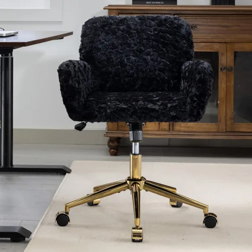 Miniatura 12 de LKTART Silla de oficina tapizada de terciopelo con botón copetudo con base de metal dorado, silla de escritorio ajustable silla de oficina giratoria