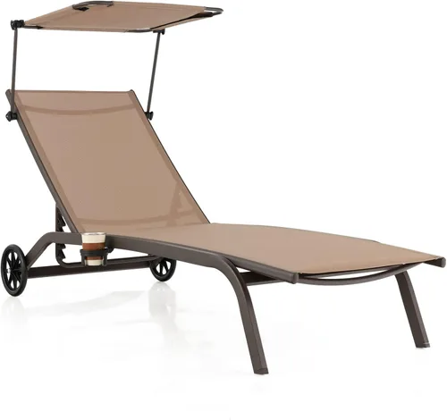 Giantex Tumbona para exteriores, silla de bronceado con sombrilla y ruedas lisas, posición ajustable de 6 niveles, soporte para tazas, marco de