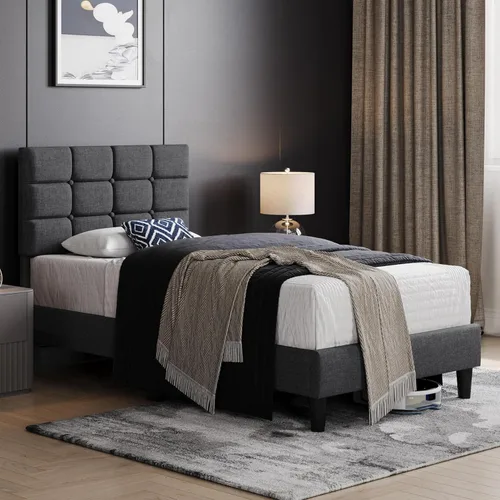 Miniatura 3 de Yaheetech Upholstered Bed Frame, Modern Twin Bed Platform with Square Stitched&Button Tufting Headboard Height Adjustable, Wooden Slats Support, No