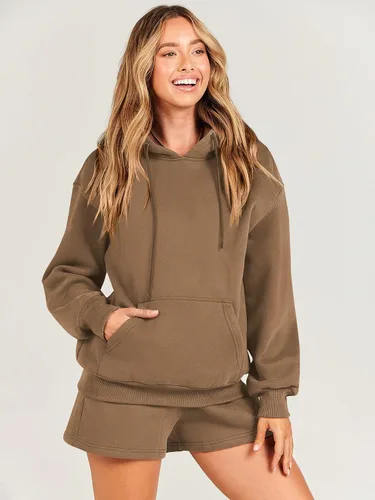 Miniatura 2 de ANRABESS Conjunto deportivo de 2 piezas para mujer, sudadera con capucha de gran tamaño, conjunto de sudadera corta a juego