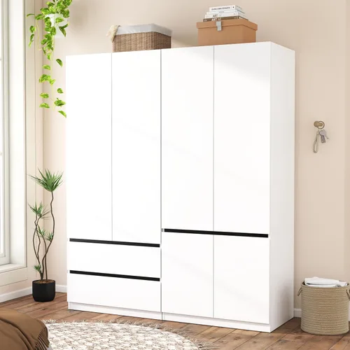 Armario con cajones: armario grande de 75 pulgadas, armario blanco con 4 puertas para colgar ropa, modernos armarios de madera para dormitorio con 2