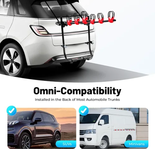 Miniatura 7 de Soporte de bicicleta de coche para 3 bicicletas, con correas ajustables para maletero, se pliega para almacenamiento, compatible con la mayoría