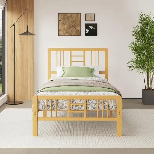 Miniatura 7 de Marco de cama de madera de bambú de 12 pulgadas con cabecero y estribo, marco de cama con soporte de listones de metal, resistente, no necesita