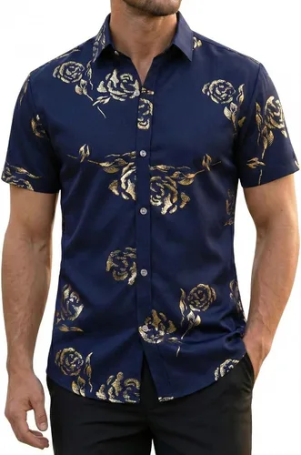 Miniatura 14 de ZEROYAA - Camisas de vestir de manga corta con estampado de rosa dorada para hombre, estilo hipster, calce ajustado, con botones