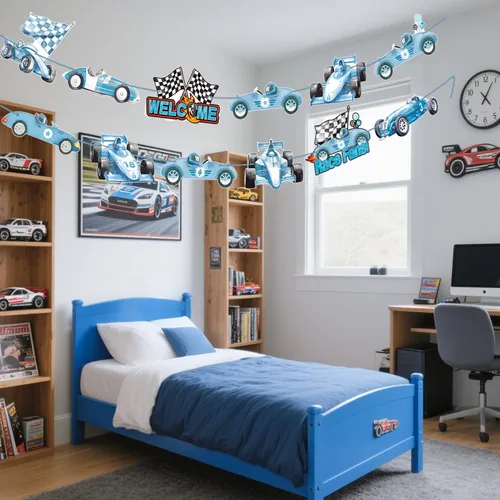 Miniatura 9 de Letrero de porche de carreras de autos de carreras, decoración de cumpleaños de carreras, autos de carreras azules, pancartas recortadas para colgar
