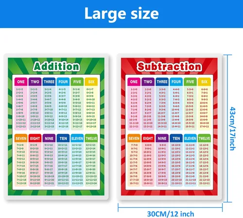 Miniatura 3 de Outus Carteles educativos de matemáticas totalmente laminados, carteles educativos de suma y resta tablas de aprendizaje para el aprendizaje