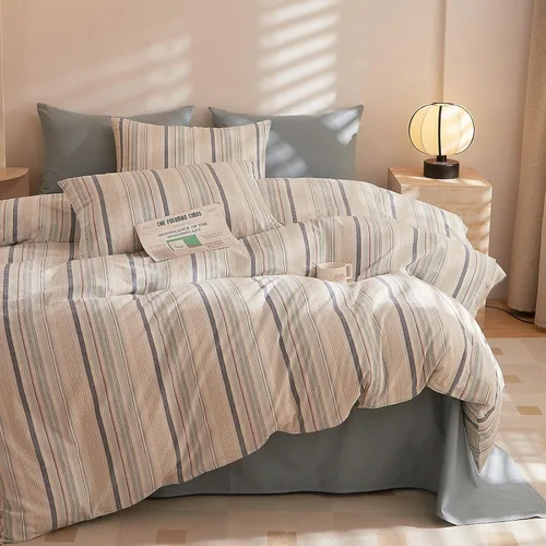 Miniatura 20 de HighBuy Juego de funda de edredón vintage con volantes y estampado de rayas francesas, 100% algodón con cierre de cremallera, juego de ropa de cama